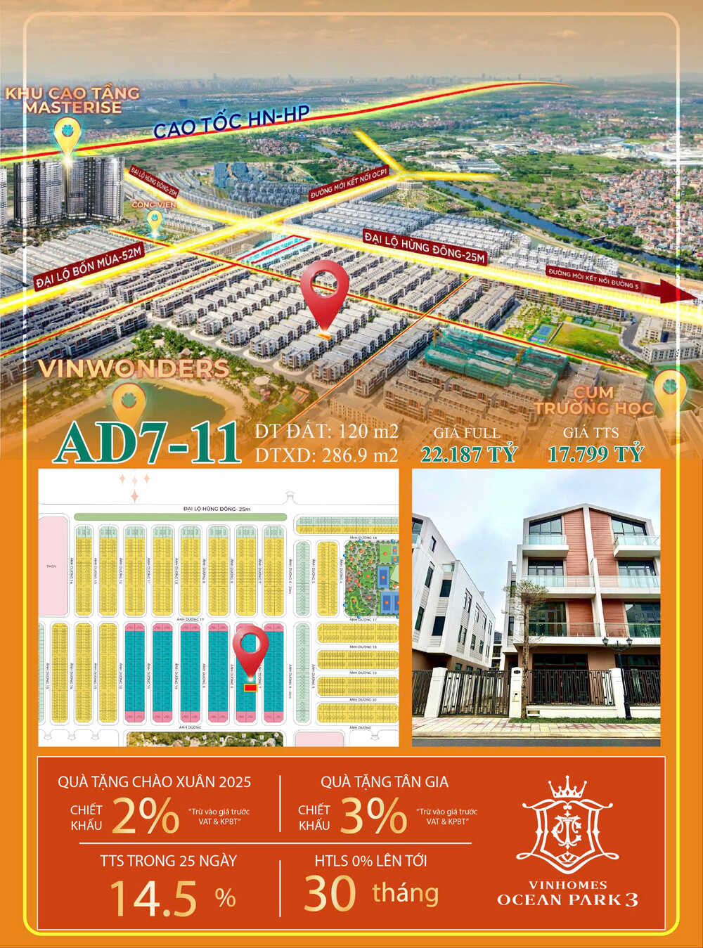 Liền kề AD7-11 Phân Khu Ánh Dương, Vinhomes Ocean Park 3