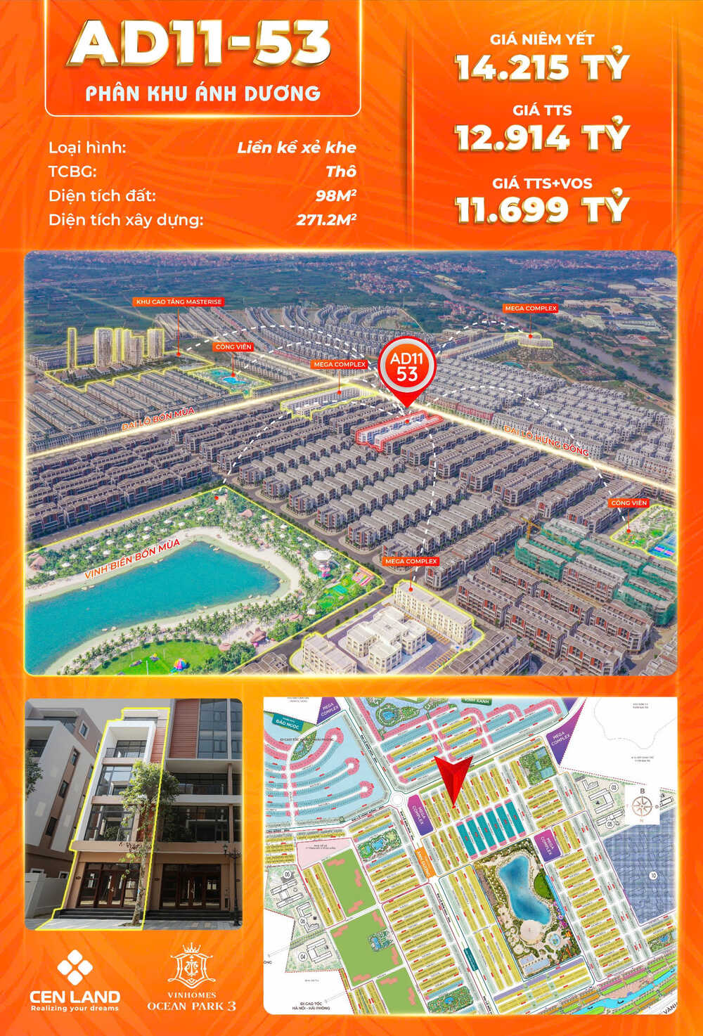 Liền Kề, Biệt Thự | Lô AD11-53 Phân khu Ánh Dương, giá 11,69 tỷ 70m2 TTS, diện tích xây dựng 271.2m2, Vinhomes Ocean Park 3