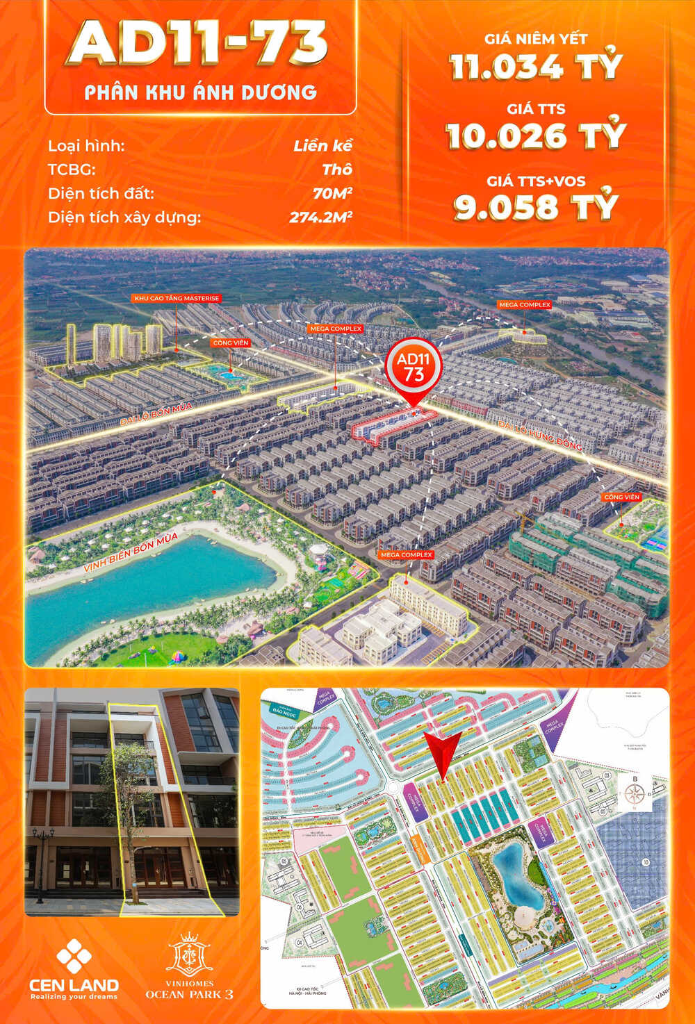 Liền Kề, Biệt Thự | Lô AD11-73 Phân khu Ánh Dương, giá 11,69 tỷ 70m2 TTS, diện tích xây dựng 271.2m2, Vinhomes Ocean Park 3