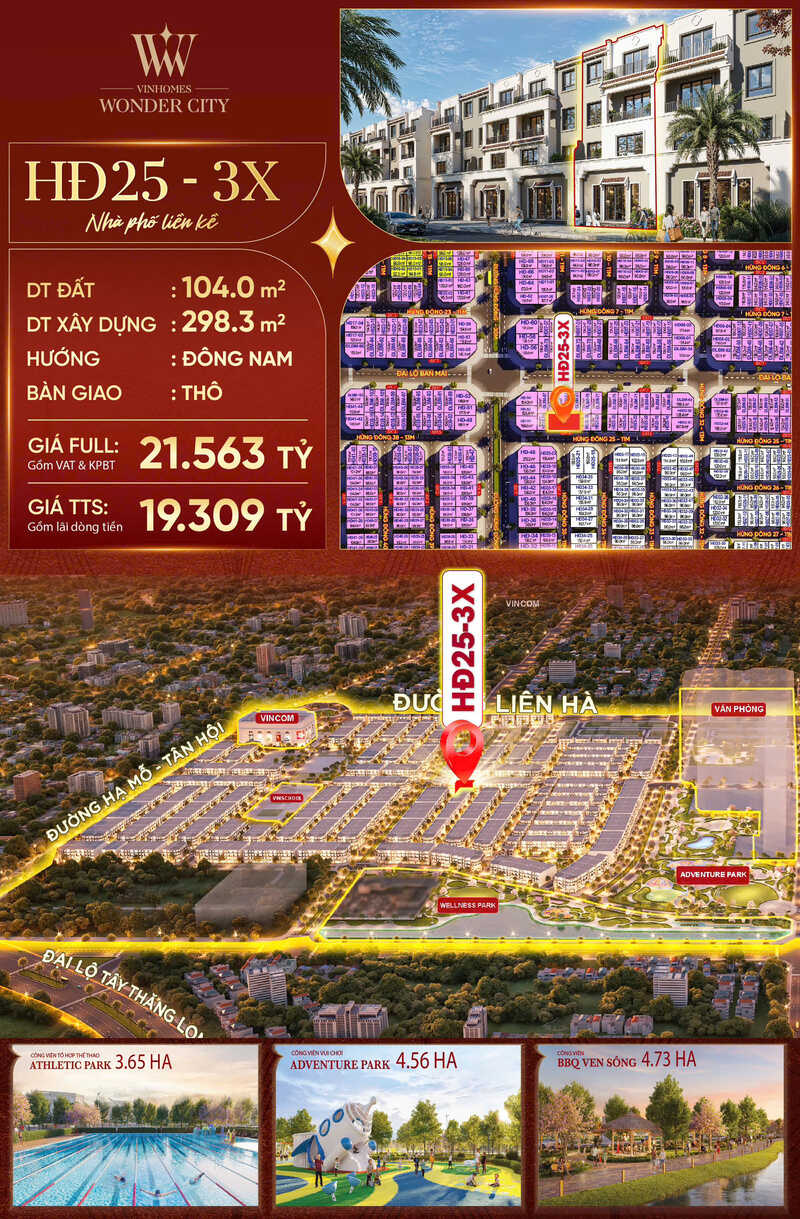 Nhà phố liền kề HĐ25-3X, phân khu Hừng Đông, Vinhomes Đan Phượng