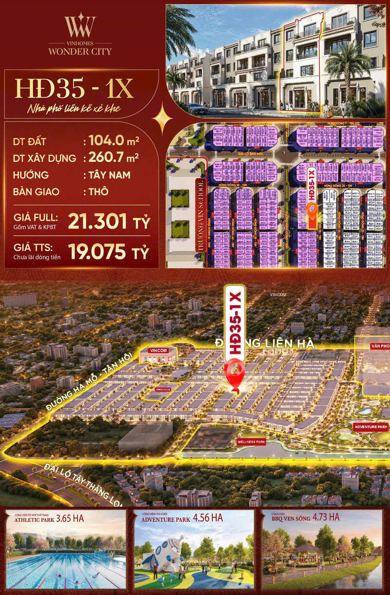 Nhà phố liền kề HĐ35-0X, phân khu Hừng Đông, Vinhomes Đan Phượng