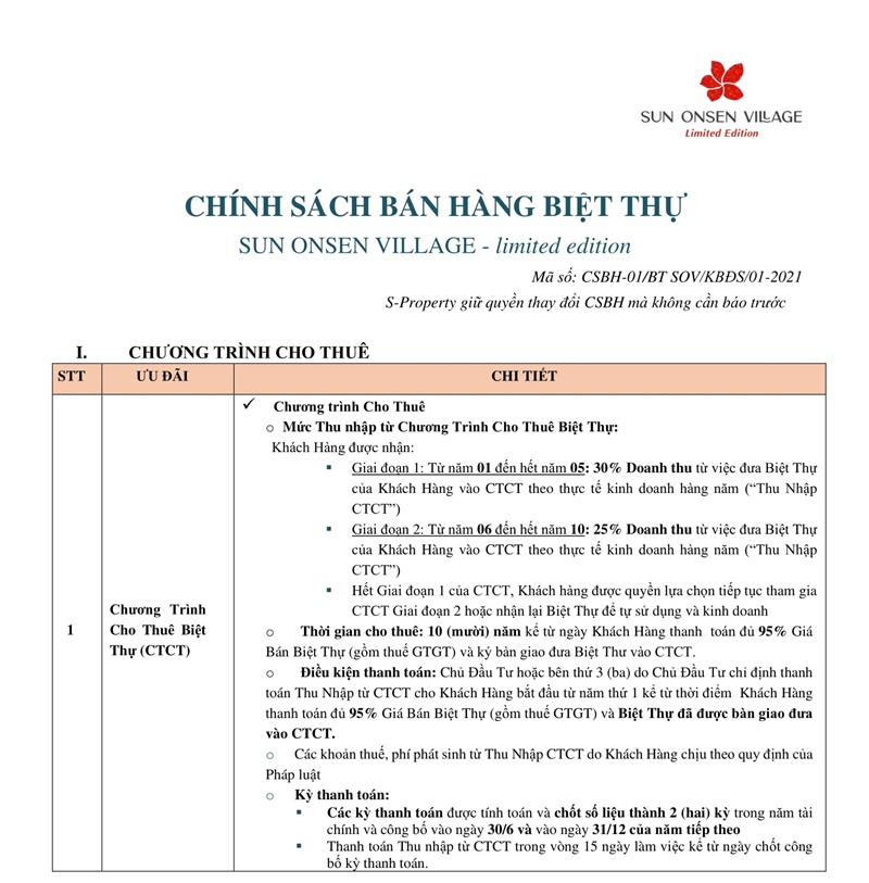 GIÁ BÁN VÀ TIẾN ĐỘ THANH TOÁN BIỆT THỰ SUN ONSEN VILLAGE